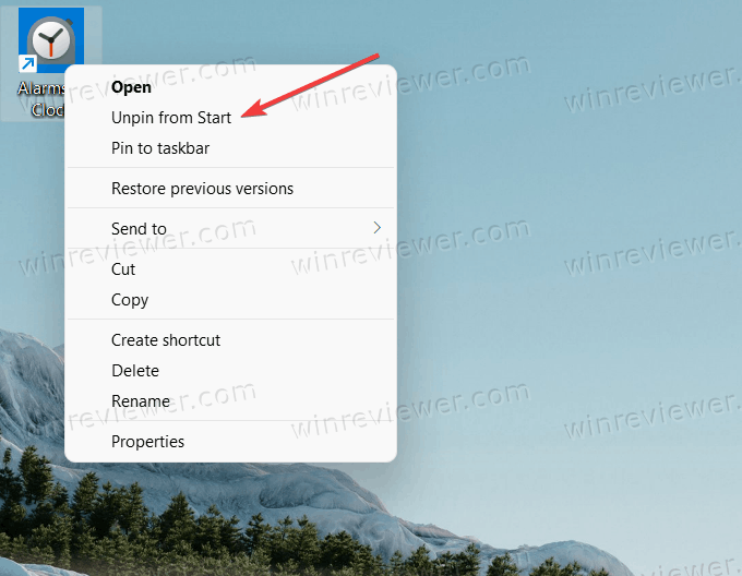 удалить иконки приложений на меню Пуск в Windows 11