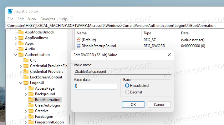 отключение звука запуска Windows 11 в реестре