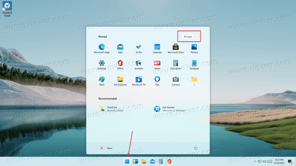 Windows 11 кнопка All app в правом верхнем углу