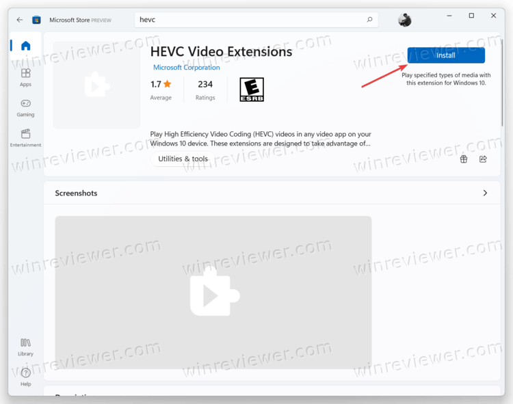 риложение под названием HEVC Video Extensions