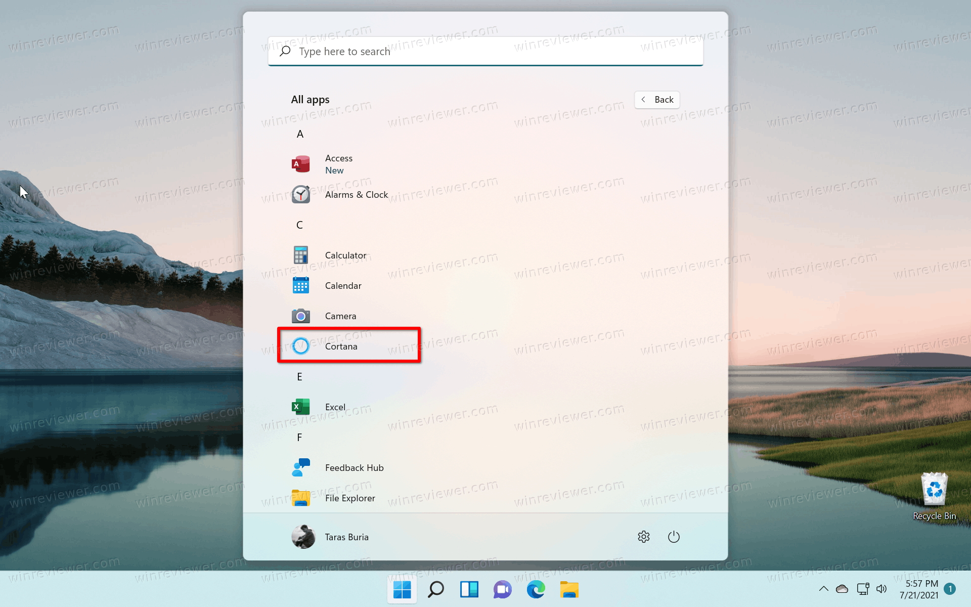 Windows 11 значок Кортаны в Пуске