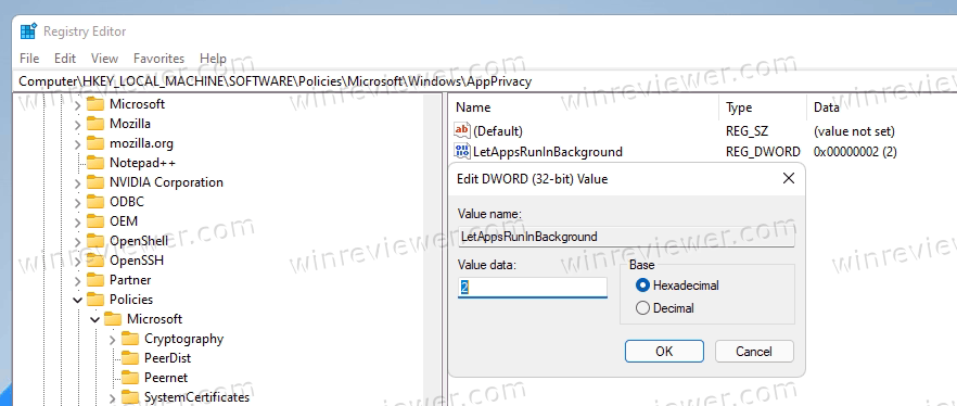 Windows 11 отключить фоновые приложения в реестре для всех пользователей