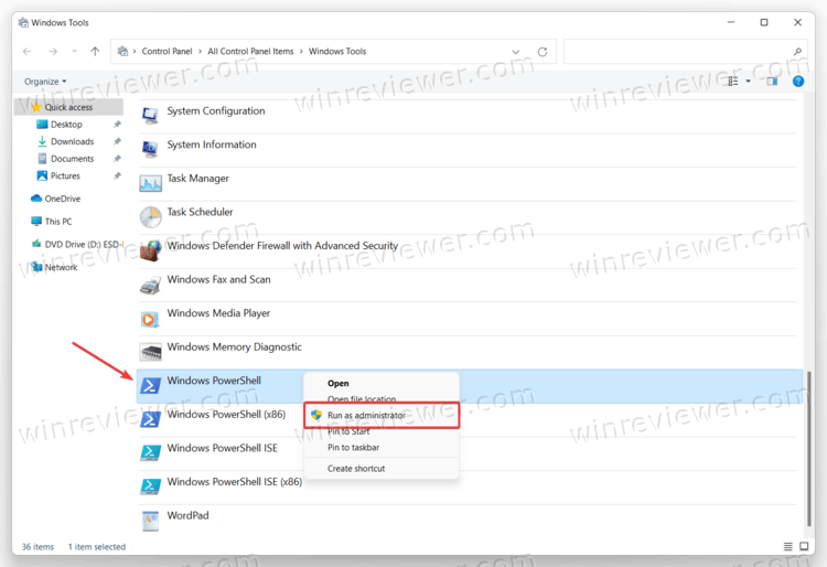 Запуск PowerShell от имени администратора из папки Инструменты Windows