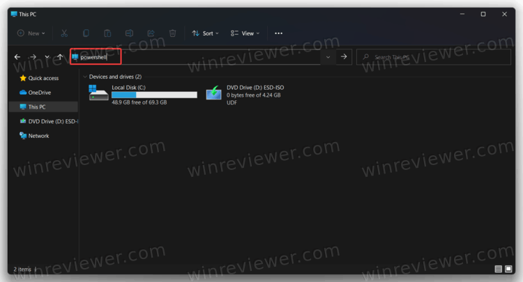 Открыть PowerShell в Windows 11 из адресной строки проводника