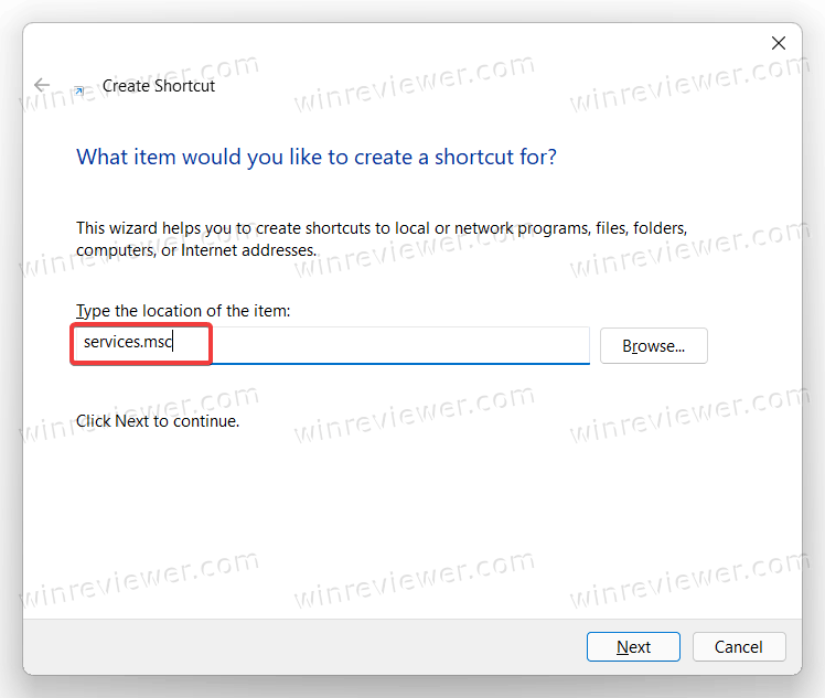создать ярлык для служб в Windows 11