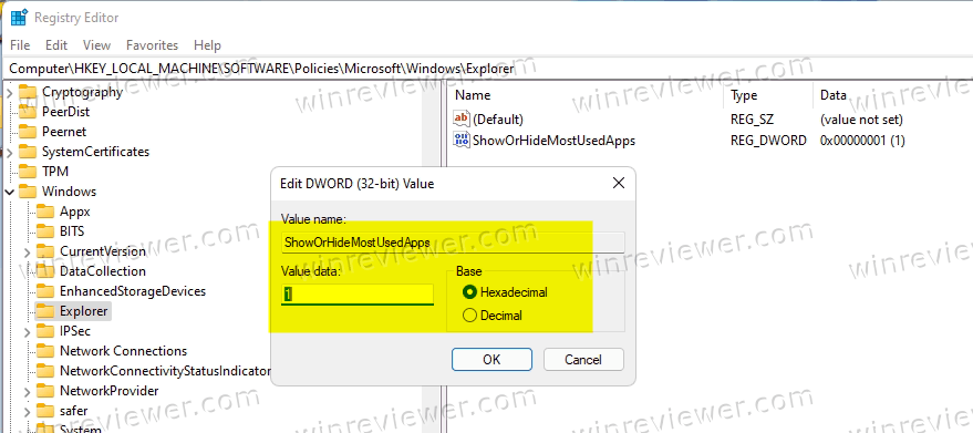 Показать или скрыть часто используемые приложения в реестре Windows 11
