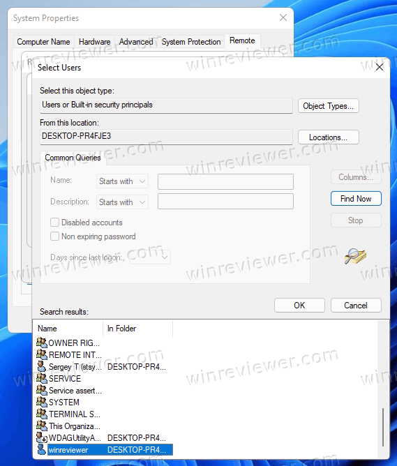 Windows 11 выберите учетную запись пользователя для RDP