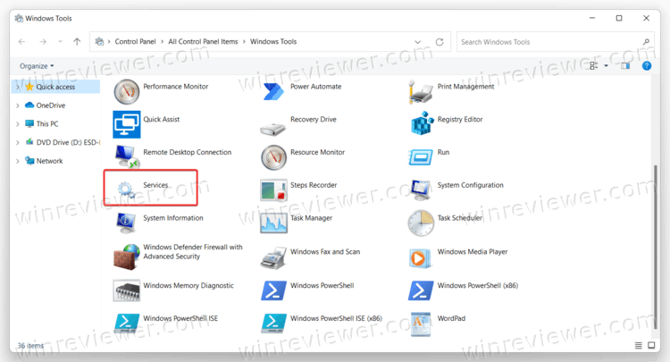 Открыть службы Windows 11 из папки Инструменты Windows