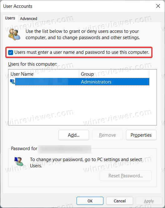 Включить автоматический вход в систему без пароля в Windows 11