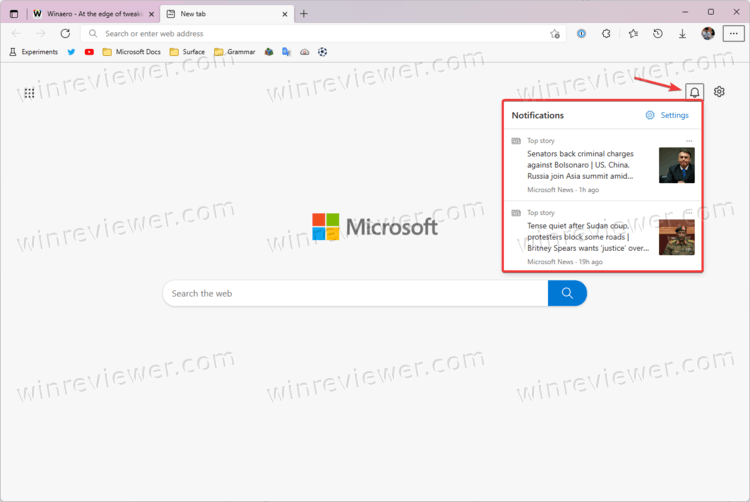 Microsoft Edge уведомления о новостях на новой вкладке