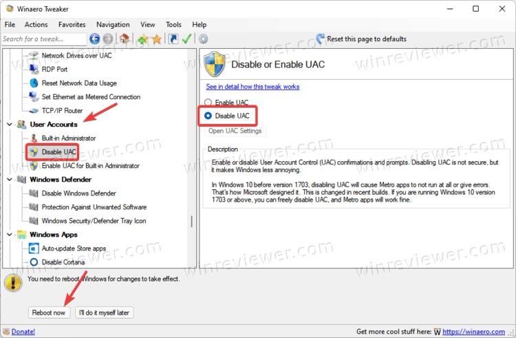 Windows 11 отключить Uac в Winaero Tweaker