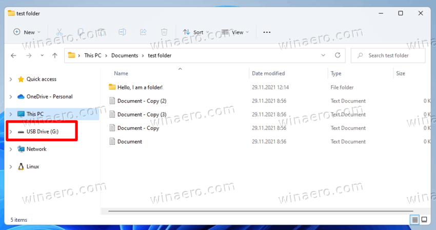 Съёмные диски в левой панели Проводника Windows 11