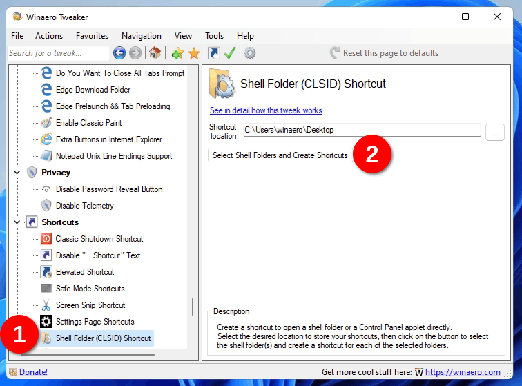 нажмите Select Shell Folders and Create Shortcuts.
