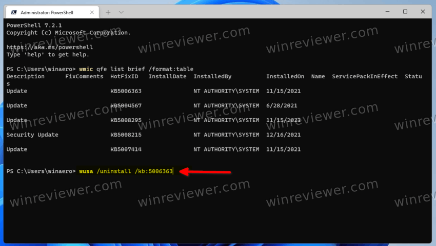Удаление обновления в Windows 11 из Терминала