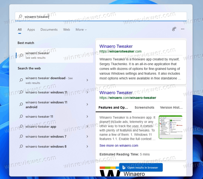 Windows 11 веб-ссылки в поиске