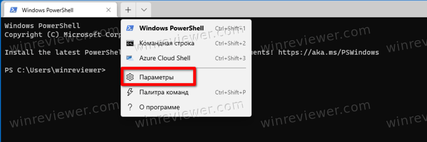 Пункт Параметры в Терминале Windows