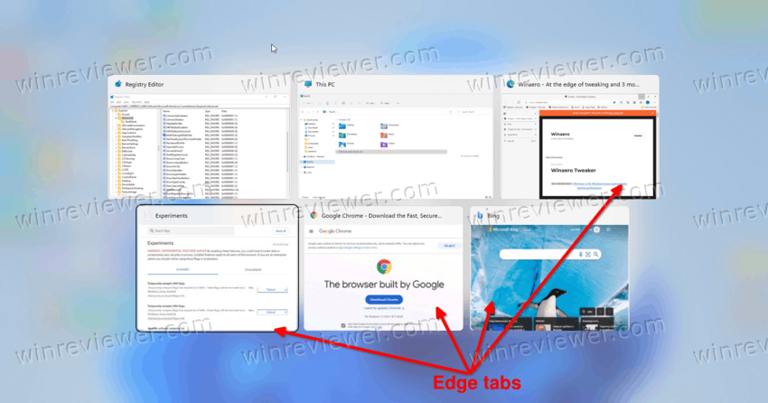 Windows 11 отображает вкладки Edge в Alt Tab