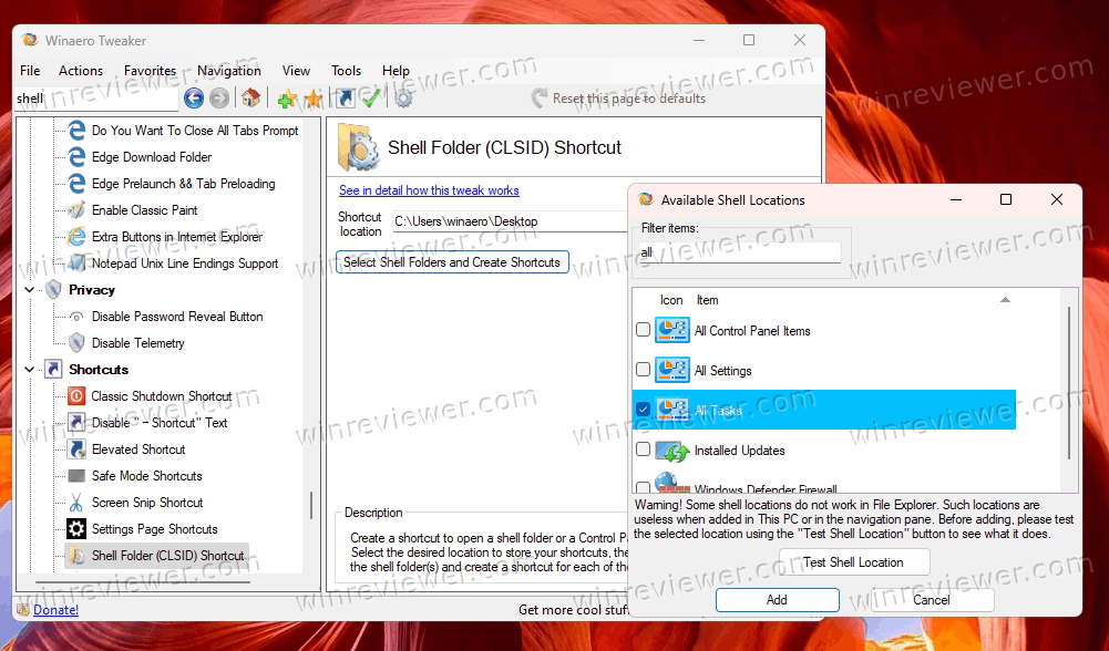 Windows 11 God Mode в программе Winaero Tweaker