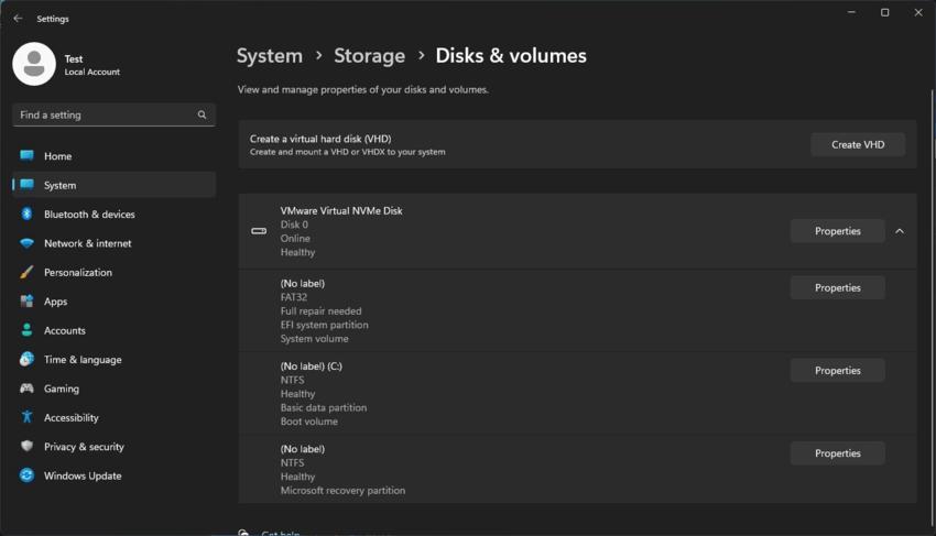 Создание VHD/VHDX в System > Storage > Disk & Volumes